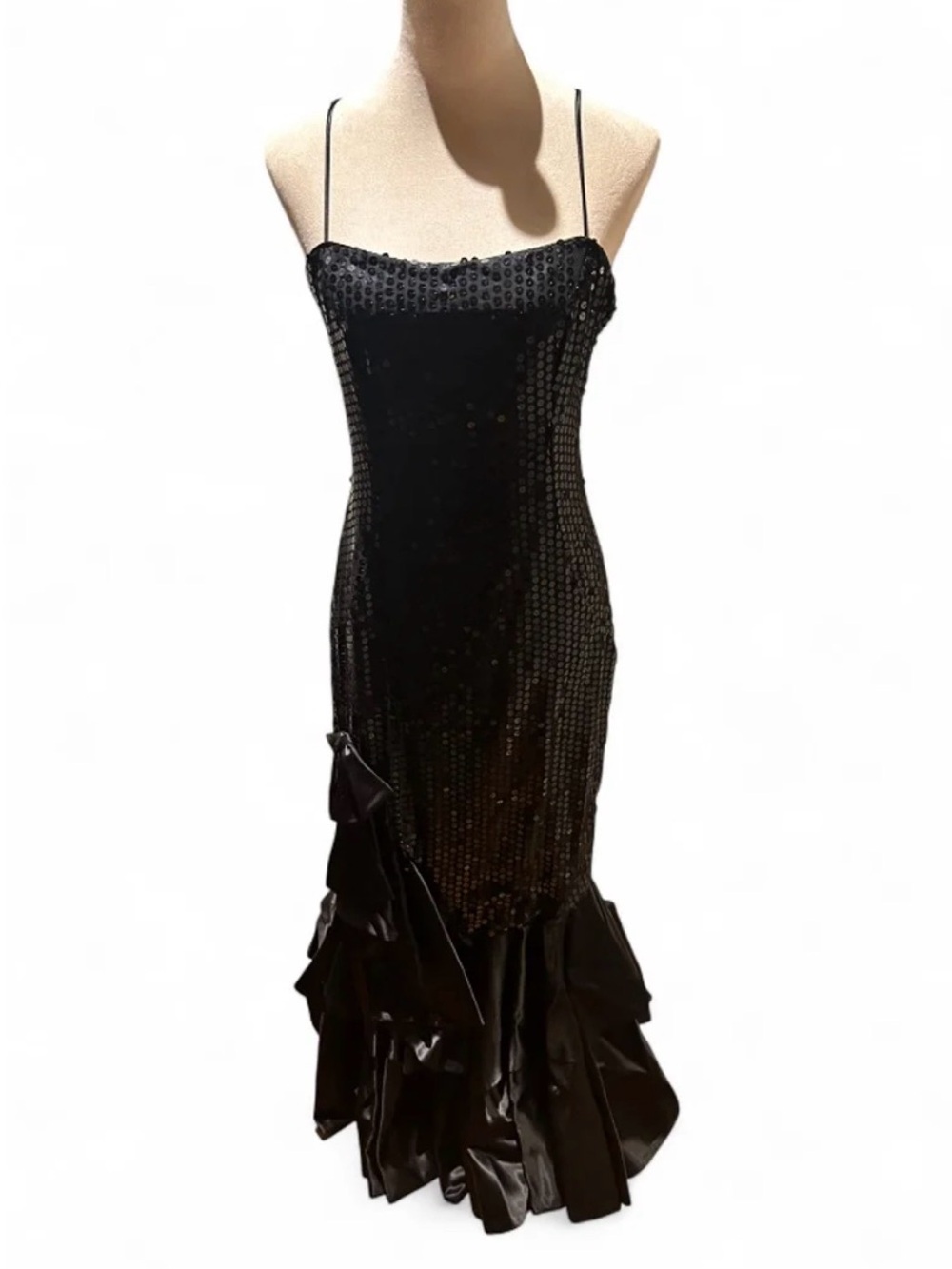 Vintage 80s Miriam’s Fashions Black sequin mermaid dress with ruffles
